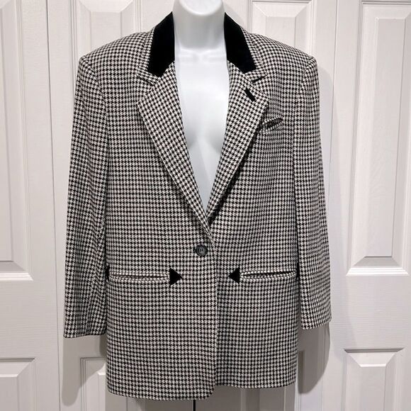 Vintage‎ Black and White Houndstooth Wool Blend Blazer Size 7/8 - Picture 1 of 16